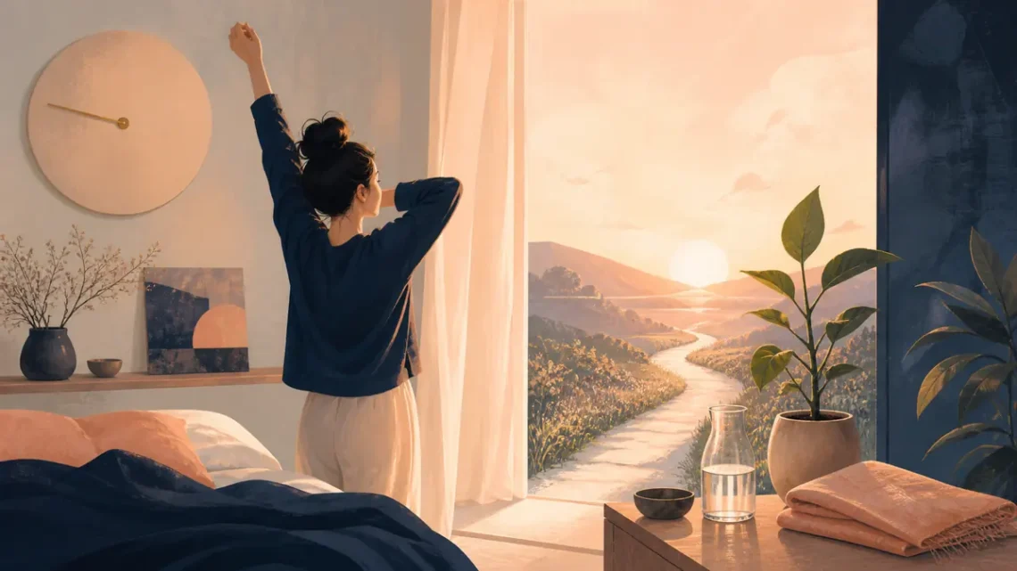 Editorial illustration of a quiet dawn routine opening onto a bright path for focus and personal growth