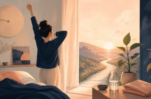 Editorial illustration of a quiet dawn routine opening onto a bright path for focus and personal growth