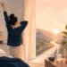 Editorial illustration of a quiet dawn routine opening onto a bright path for focus and personal growth