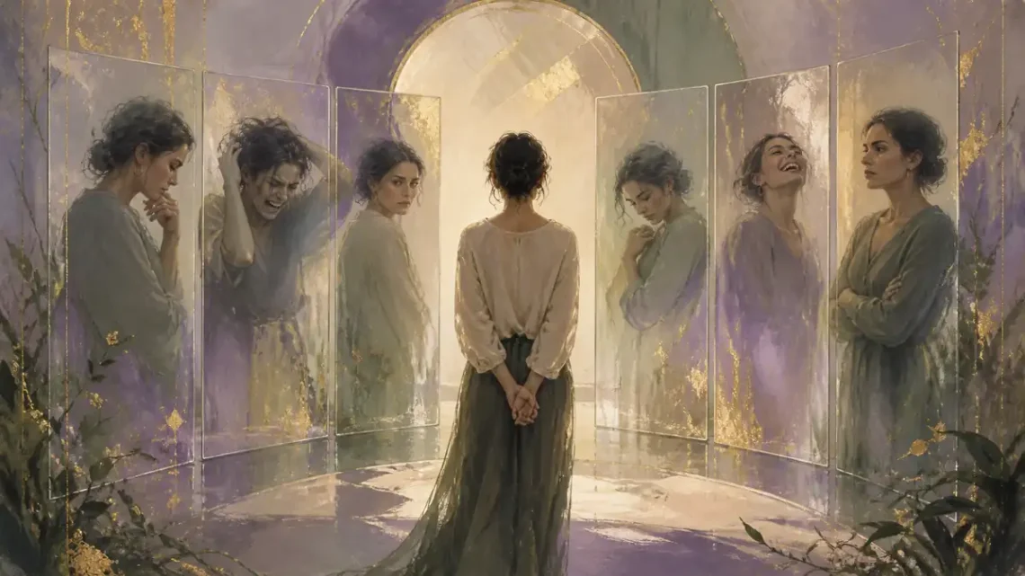 Editorial illustration of a person in translucent mirrors converging into one grounded figure for self-awareness