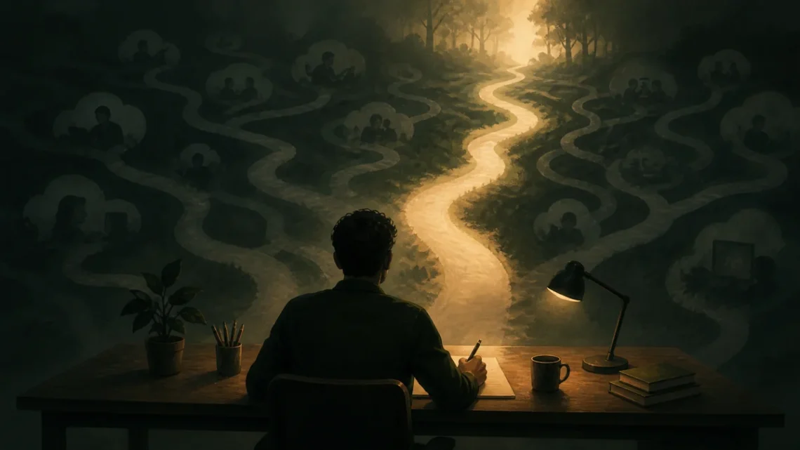 Editorial illustration of a person choosing one bright path through distractions for focus and meaningful productivity