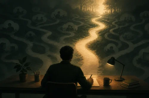 Editorial illustration of a person choosing one bright path through distractions for focus and meaningful productivity