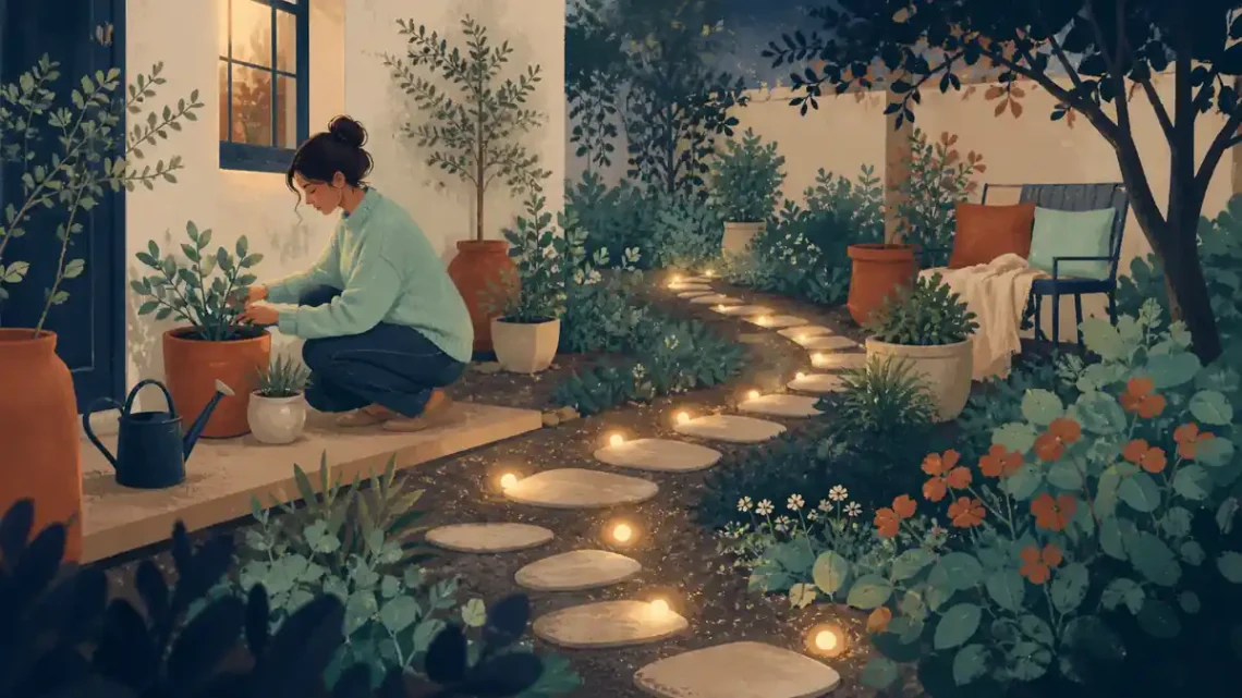 Editorial illustration of tiny glowing steps around a garden representing small behavior change and lasting routines