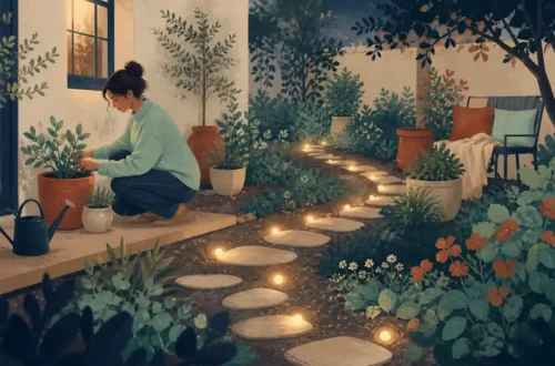 Editorial illustration of tiny glowing steps around a garden representing small behavior change and lasting routines