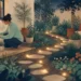Editorial illustration of tiny glowing steps around a garden representing small behavior change and lasting routines