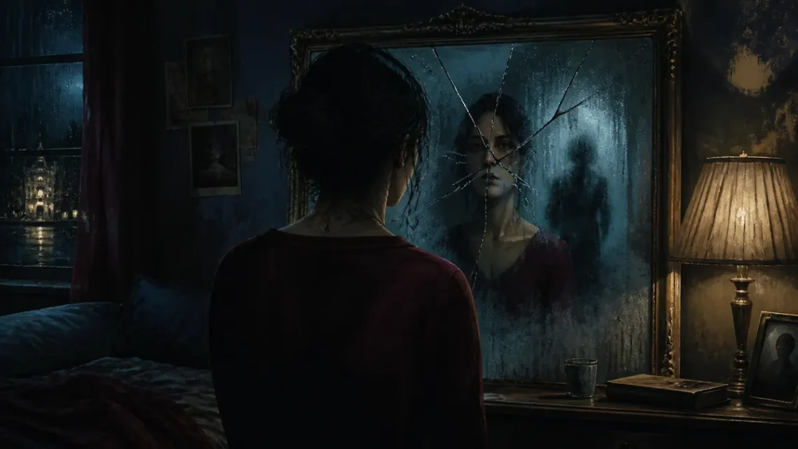 Atmospheric editorial illustration of a woman facing a fractured mirror in a psychological thriller scene
