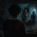 Atmospheric editorial illustration of a woman facing a fractured mirror in a psychological thriller scene