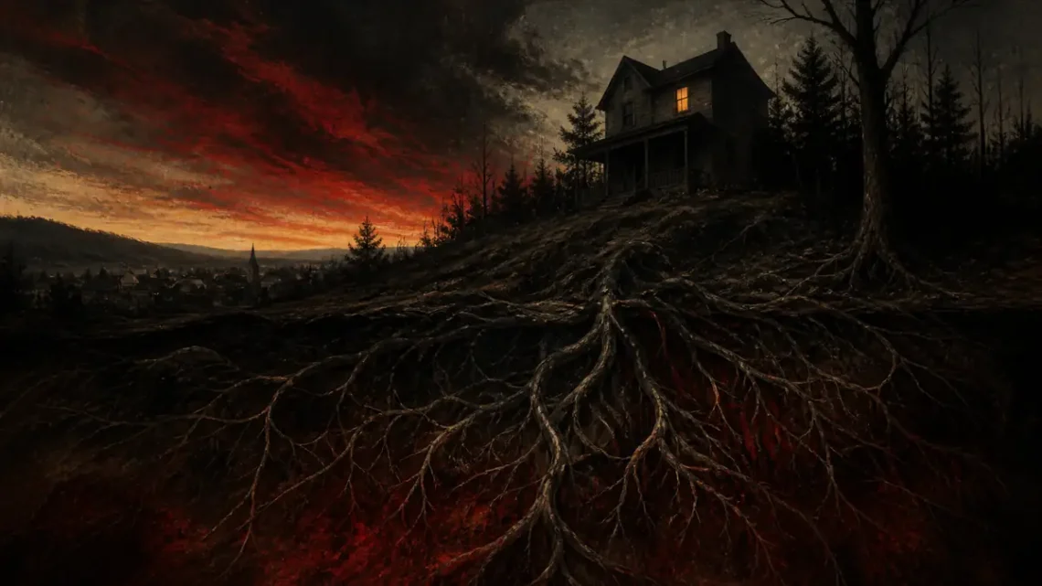 Atmospheric editorial illustration of a lonely house with tangled roots for dark psychological family thrillers