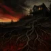 Atmospheric editorial illustration of a lonely house with tangled roots for dark psychological family thrillers