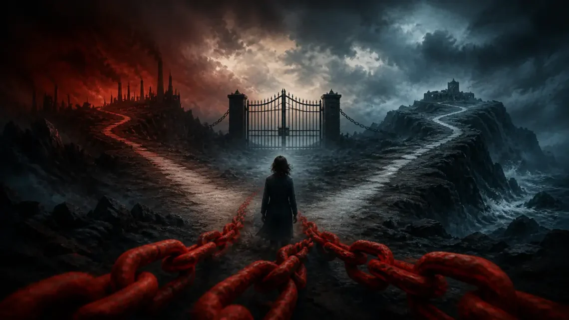 Atmospheric editorial illustration of a red chain crossing a dark landscape toward a locked gate