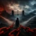 Atmospheric editorial illustration of a red chain crossing a dark landscape toward a locked gate