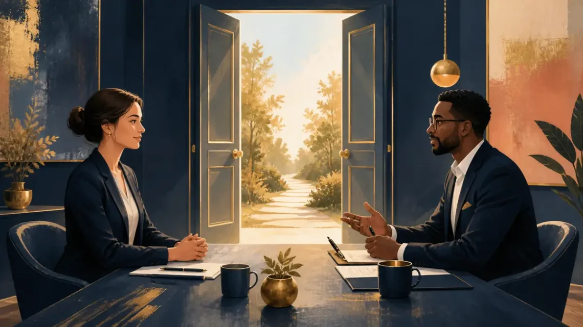 Editorial illustration of an interview conversation across a table with an open opportunity doorway