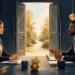 Editorial illustration of an interview conversation across a table with an open opportunity doorway