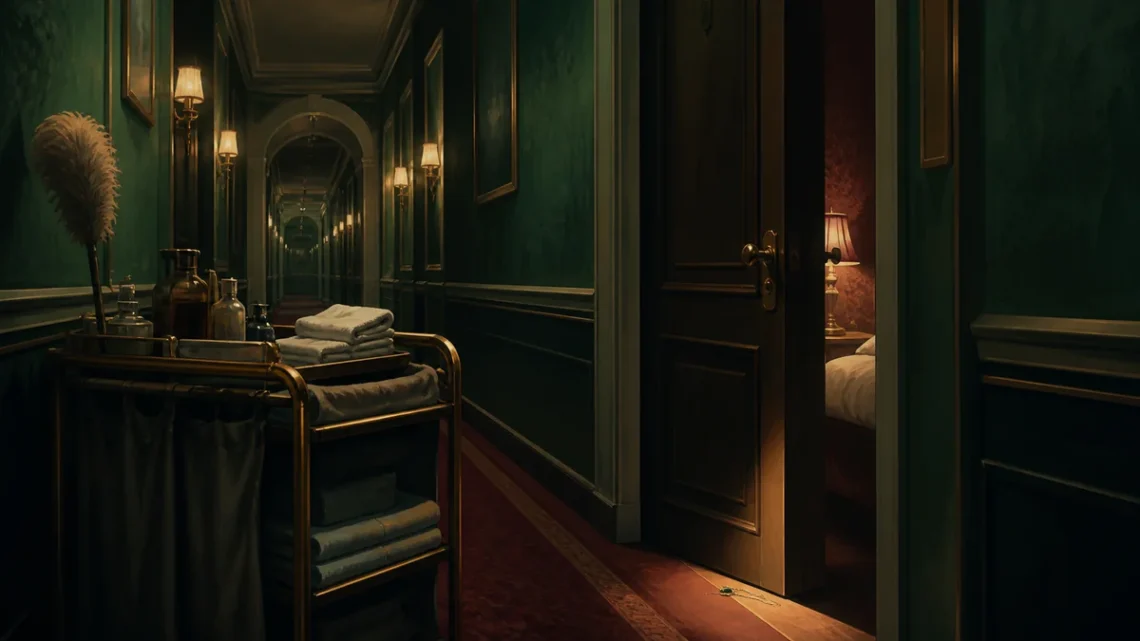 Atmospheric editorial illustration of a hotel corridor and maid's cart hiding a small mystery clue