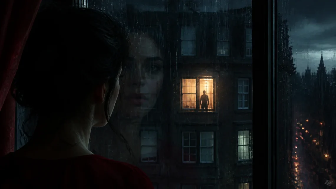 Atmospheric editorial illustration of a woman at a rain-streaked window with layered reflections