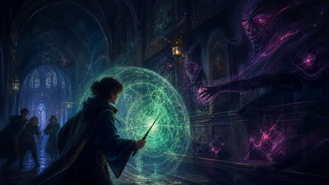 Dark magical school editorial illustration of a young mage facing a protective circle in an enchanted academy