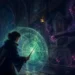 Dark magical school editorial illustration of a young mage facing a protective circle in an enchanted academy