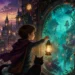 Whimsical middle grade fantasy illustration of a child discovering a hidden doorway into a secret magical city