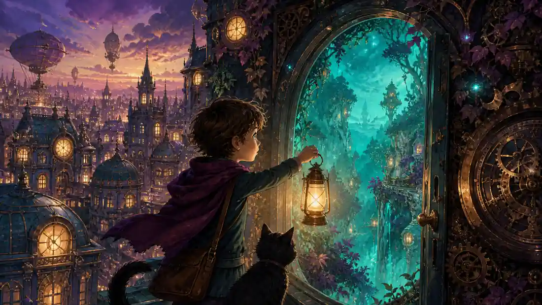 Whimsical middle grade fantasy illustration of a child discovering a hidden doorway into a secret magical city