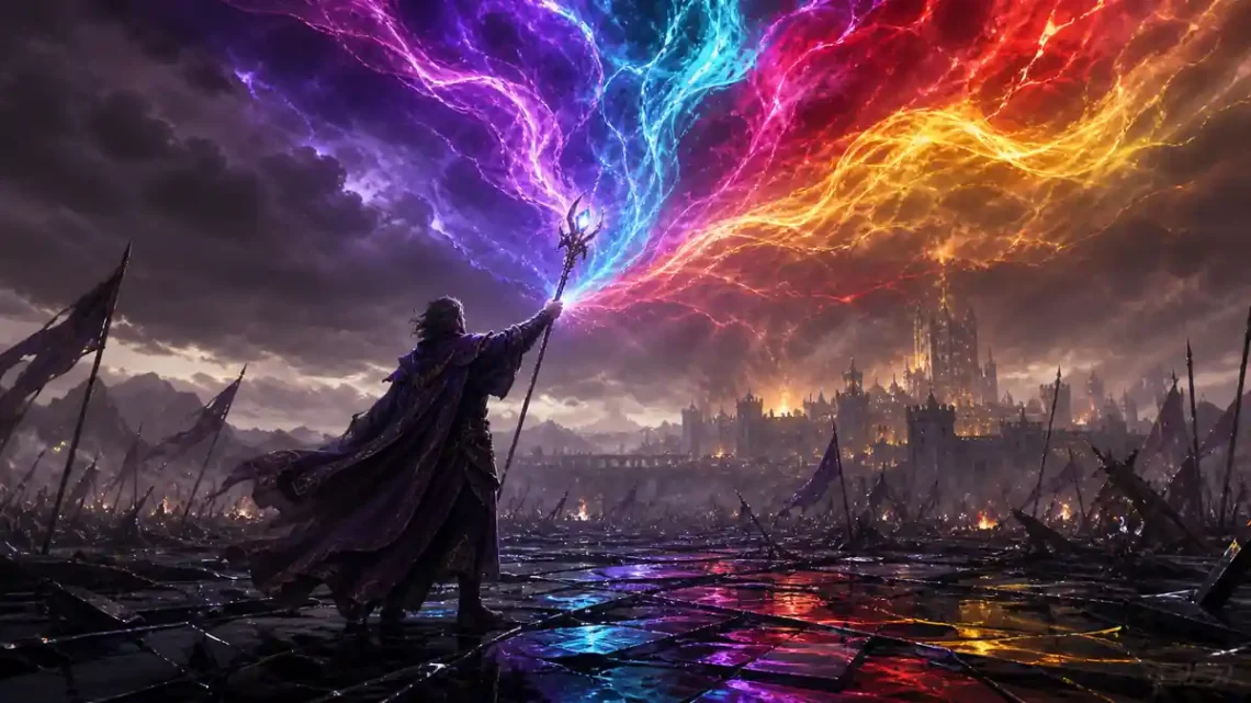 Color-magic fantasy illustration of a lone mage channeling luminous colors above distant fortresses