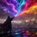 Color-magic fantasy illustration of a lone mage channeling luminous colors above distant fortresses