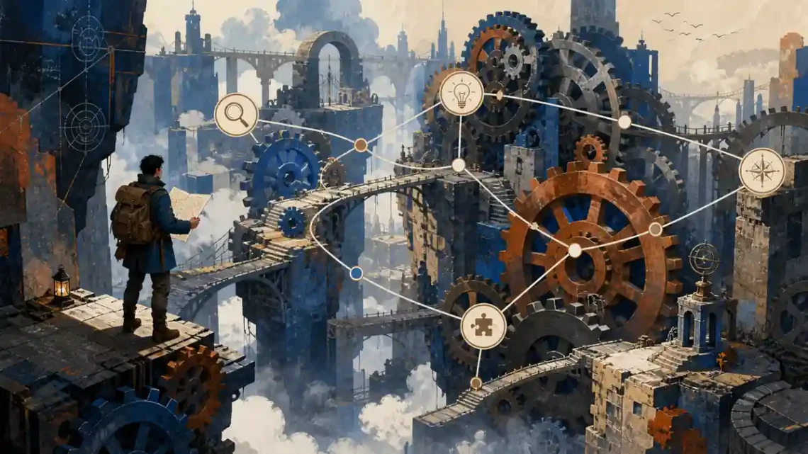Editorial illustration of an explorer connecting gears, bridges, and clues for complex problem solving