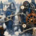 Editorial illustration of an explorer connecting gears, bridges, and clues for complex problem solving
