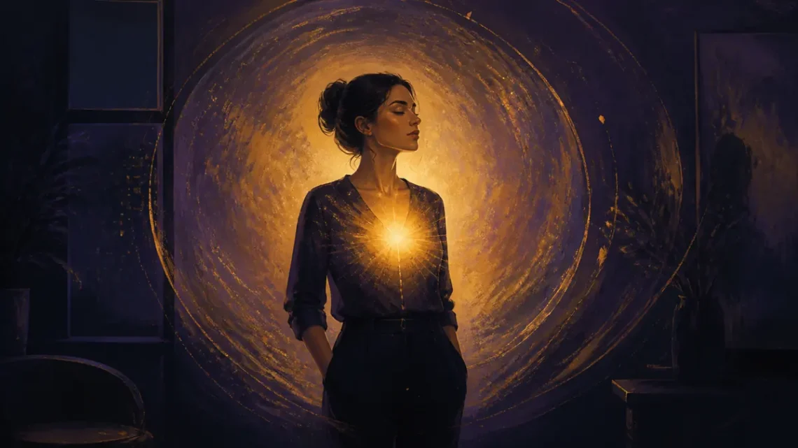 Editorial illustration of a person standing in a dark room as inner confidence grows into warm light