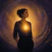 Editorial illustration of a person standing in a dark room as inner confidence grows into warm light