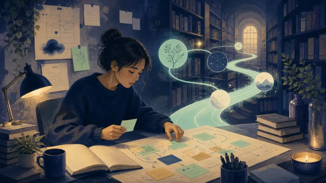 Editorial illustration of a student organizing study materials and memory cues in a quiet library