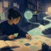 Editorial illustration of a student organizing study materials and memory cues in a quiet library