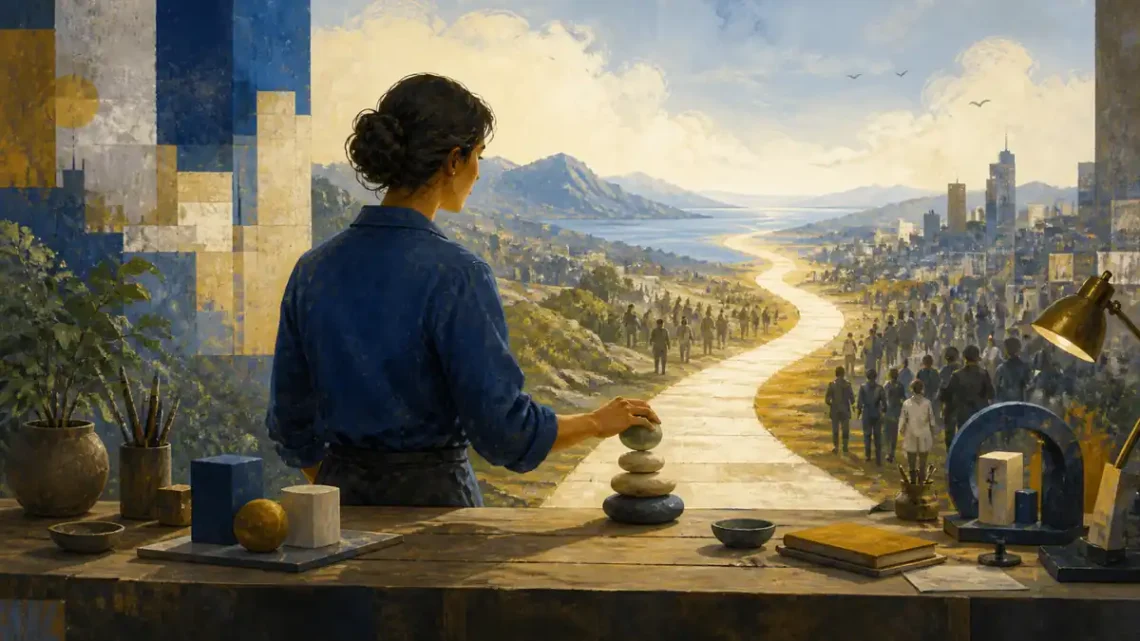 Editorial illustration of a person balancing meaningful tools while a clear route opens for personal effectiveness
