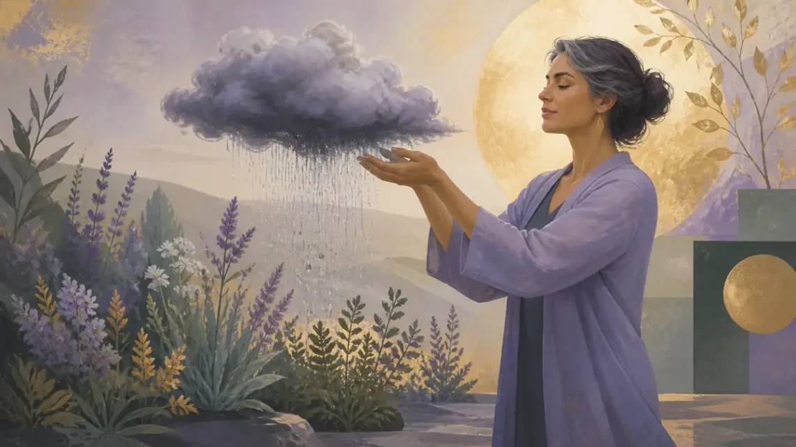 Editorial illustration of an adult figure transforming a storm cloud into rain for emotional maturity
