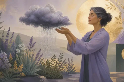 Editorial illustration of an adult figure transforming a storm cloud into rain for emotional maturity
