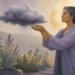 Editorial illustration of an adult figure transforming a storm cloud into rain for emotional maturity