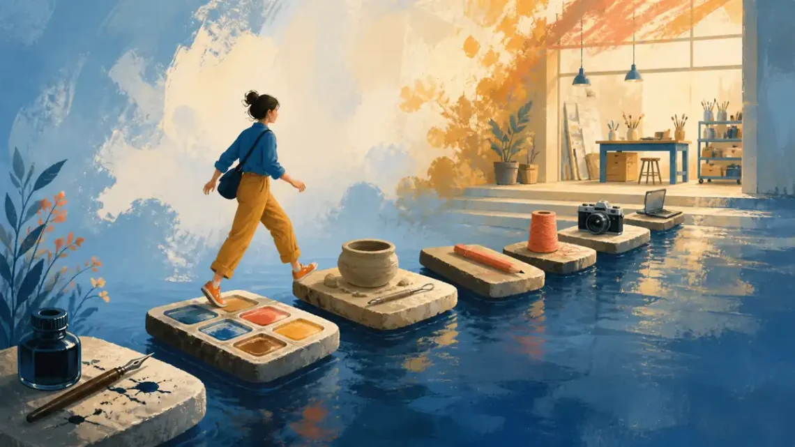 Editorial illustration of a person crossing stepping stones made from creative tools while learning new skills