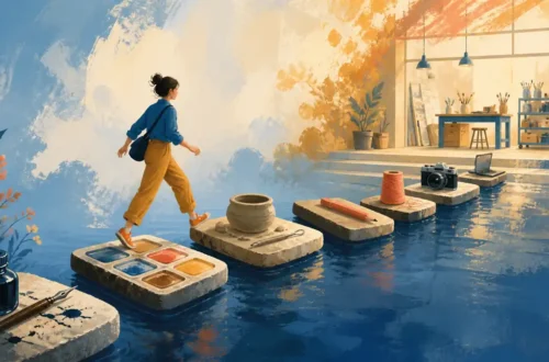 Editorial illustration of a person crossing stepping stones made from creative tools while learning new skills