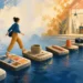 Editorial illustration of a person crossing stepping stones made from creative tools while learning new skills
