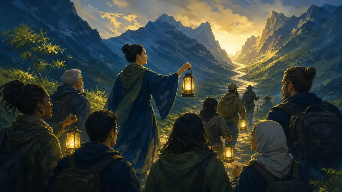 Editorial illustration of a leader guiding a diverse group with lanterns toward a mountain pass