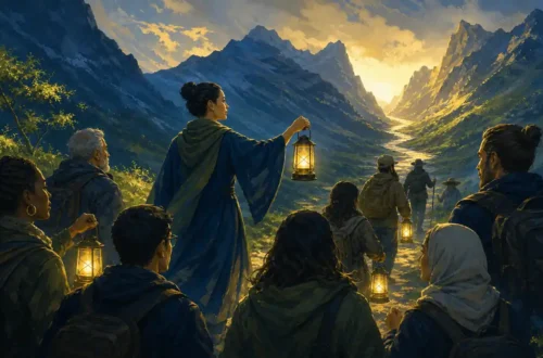 Editorial illustration of a leader guiding a diverse group with lanterns toward a mountain pass