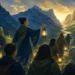 Editorial illustration of a leader guiding a diverse group with lanterns toward a mountain pass