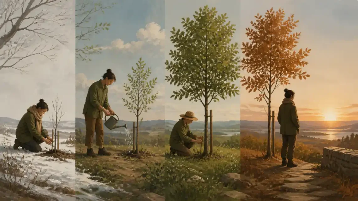 Editorial illustration of a person tending a young tree through changing seasons to represent patience