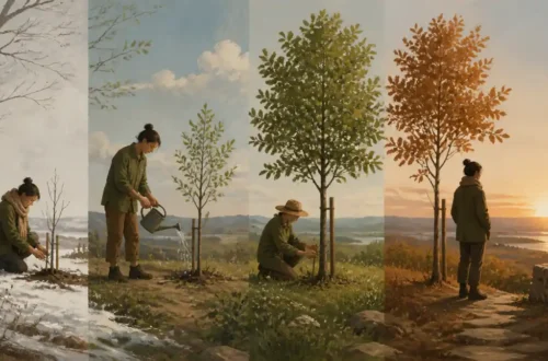 Editorial illustration of a person tending a young tree through changing seasons to represent patience