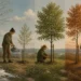 Editorial illustration of a person tending a young tree through changing seasons to represent patience