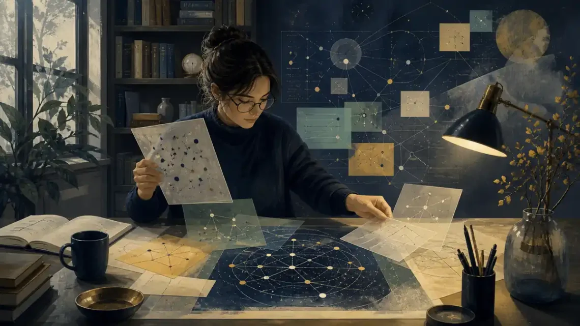 Editorial illustration of a person organizing layered ideas and evidence into a clear constellation for thinking skills