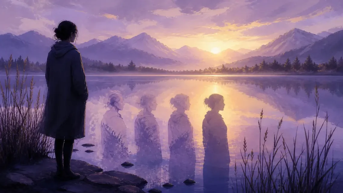Editorial illustration of a person seeing clearer reflections beside a still lake for self-reflection