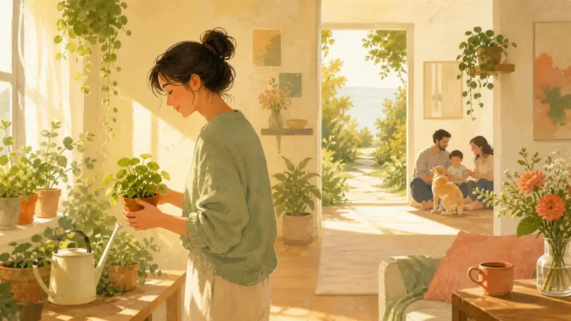 Editorial illustration of a person tending a sunlit garden to represent happiness and everyday well-being