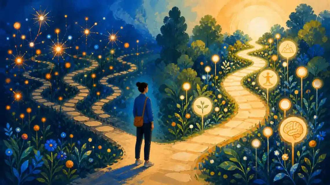 Editorial illustration of a person choosing a steady path through glowing reward signals for dopamine balance