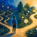 Editorial illustration of a person choosing a steady path through glowing reward signals for dopamine balance