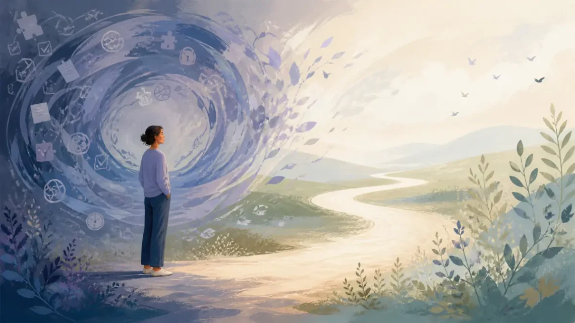 Editorial illustration of a person moving from a swirling loop of thoughts onto a calm path for OCD recovery